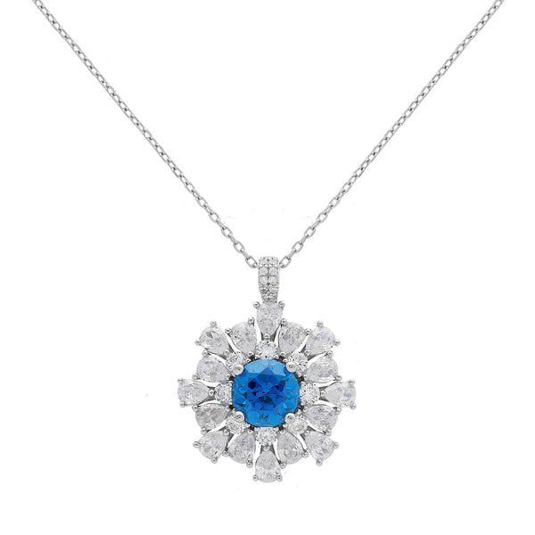 Halo-Style Blue Sapphire Man-made Diamond Necklace
